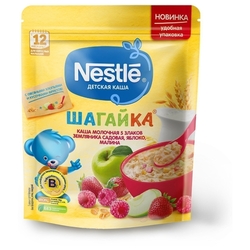 Каша Nestlé молочная Шагайка 5 злаков с кусочками земляники садовой, яблока и малиной (с 12 месяцев) 200 г дойпак