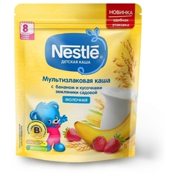Каша Nestlé молочная мультизлаковая с бананом и кусочками земляники садовой (с 8 месяцев) 220 г дойпак