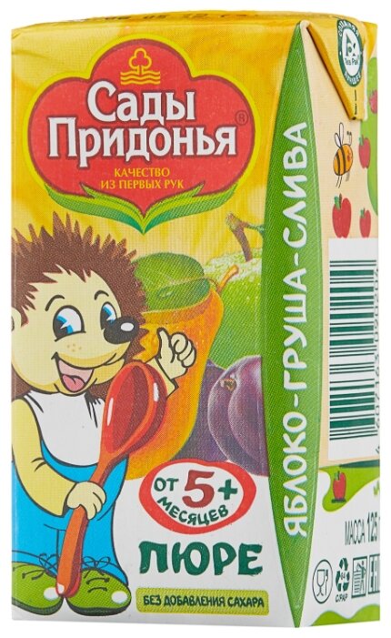 Пюре Сады Придонья яблоко, груша, слива (c 5 месяцев) Tetra Pak 125 г, 1 шт.